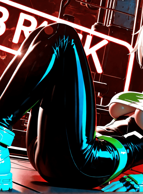 cyborg, girl, neon, cityscape, sneakers, futuristic, robot, outfit, sign, background