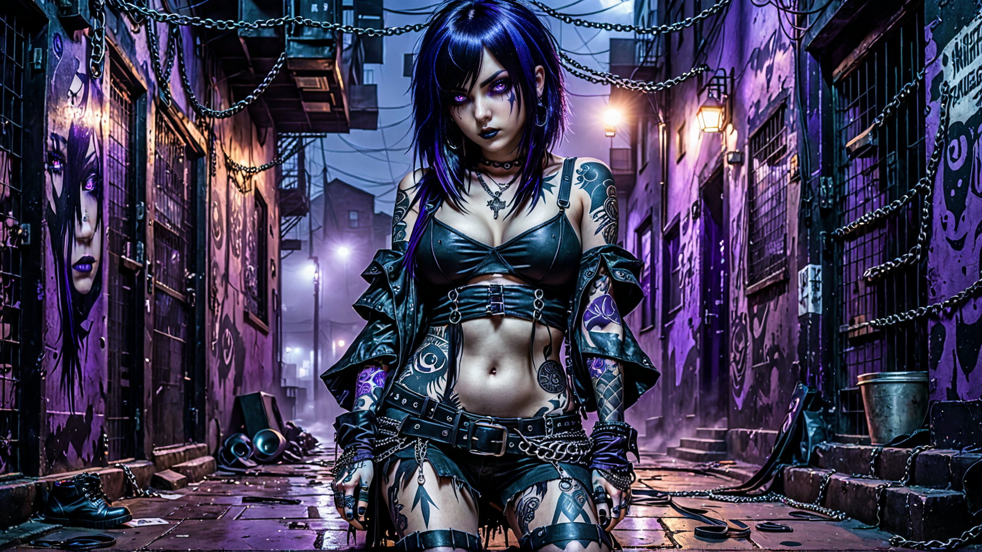 AI generated wallpaper featuring cyberpunk woman, tattooed, urban