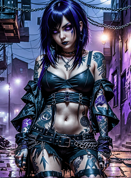 cyberpunk woman, tattooed, urban
