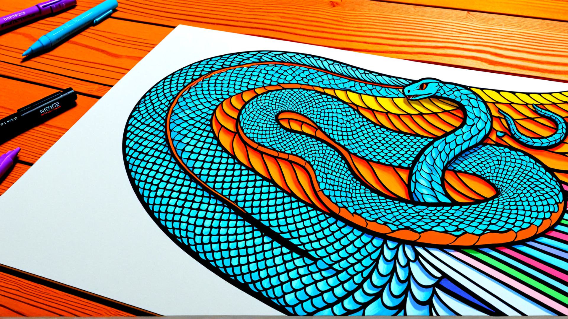 AI generated wallpaper featuring snake, art, drawing, coloring, illustration, marker, paper, wooden table