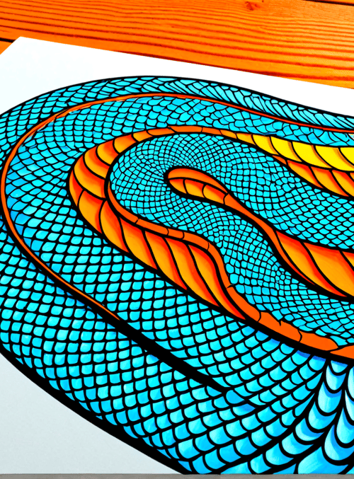 snake, art, drawing, coloring, illustration, marker, paper, wooden table