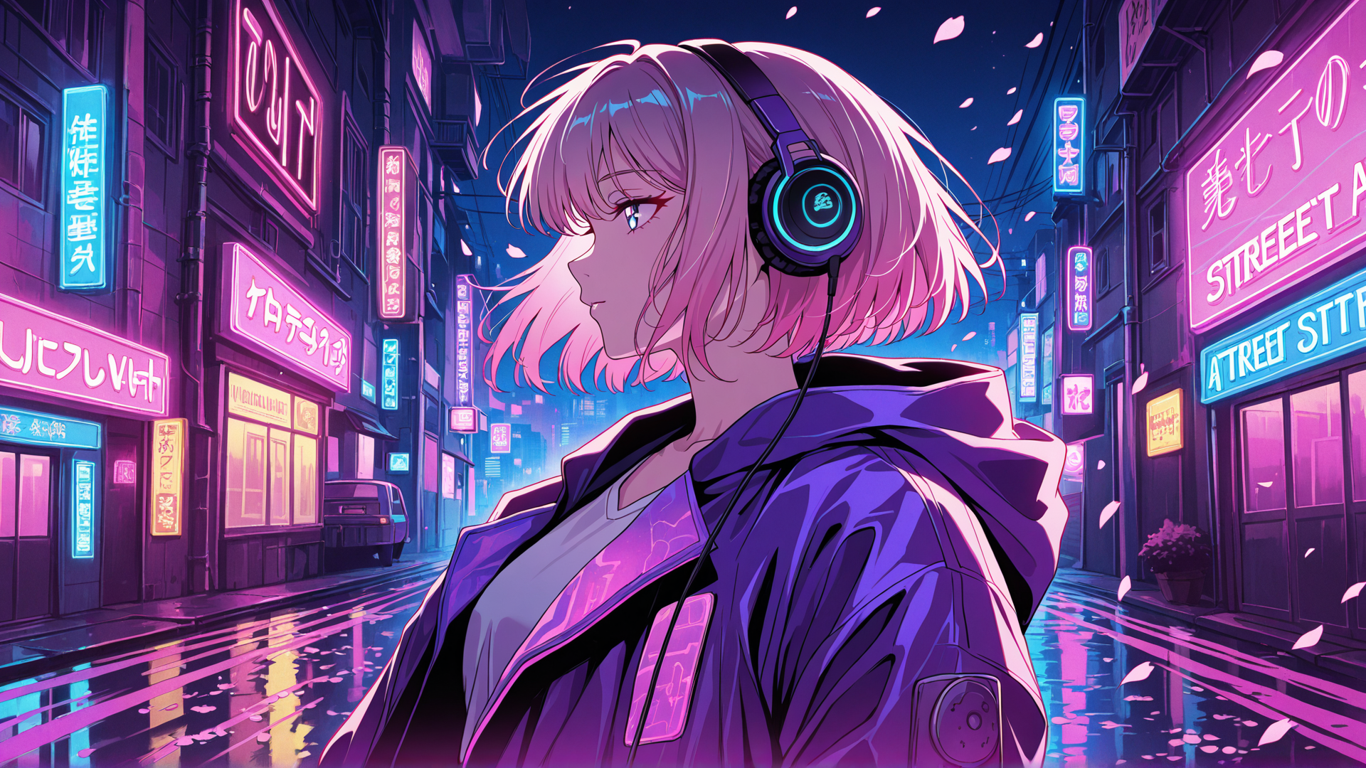 AI generated wallpaper featuring girl, headphones, city