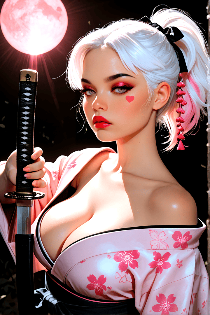 AI generated wallpaper featuring woman, sword, kimono, hair, moon