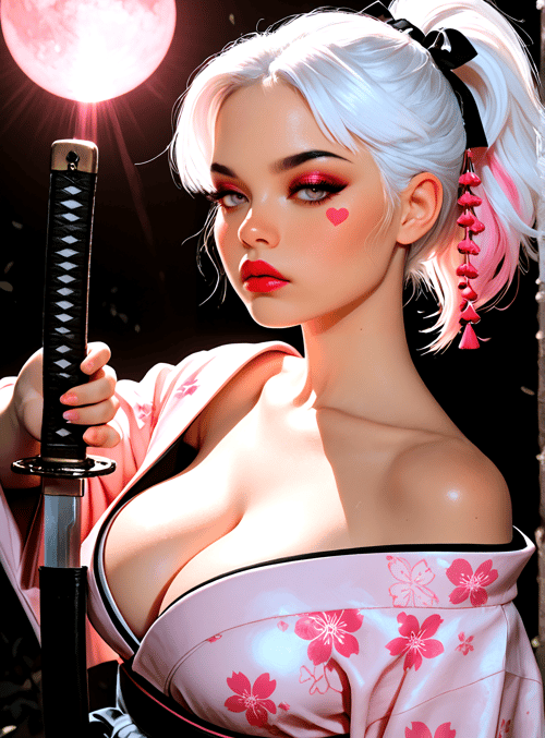 woman, sword, kimono, hair, moon