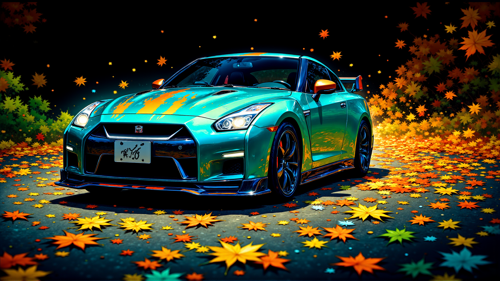 AI generated wallpaper featuring car, leaves, road, trees