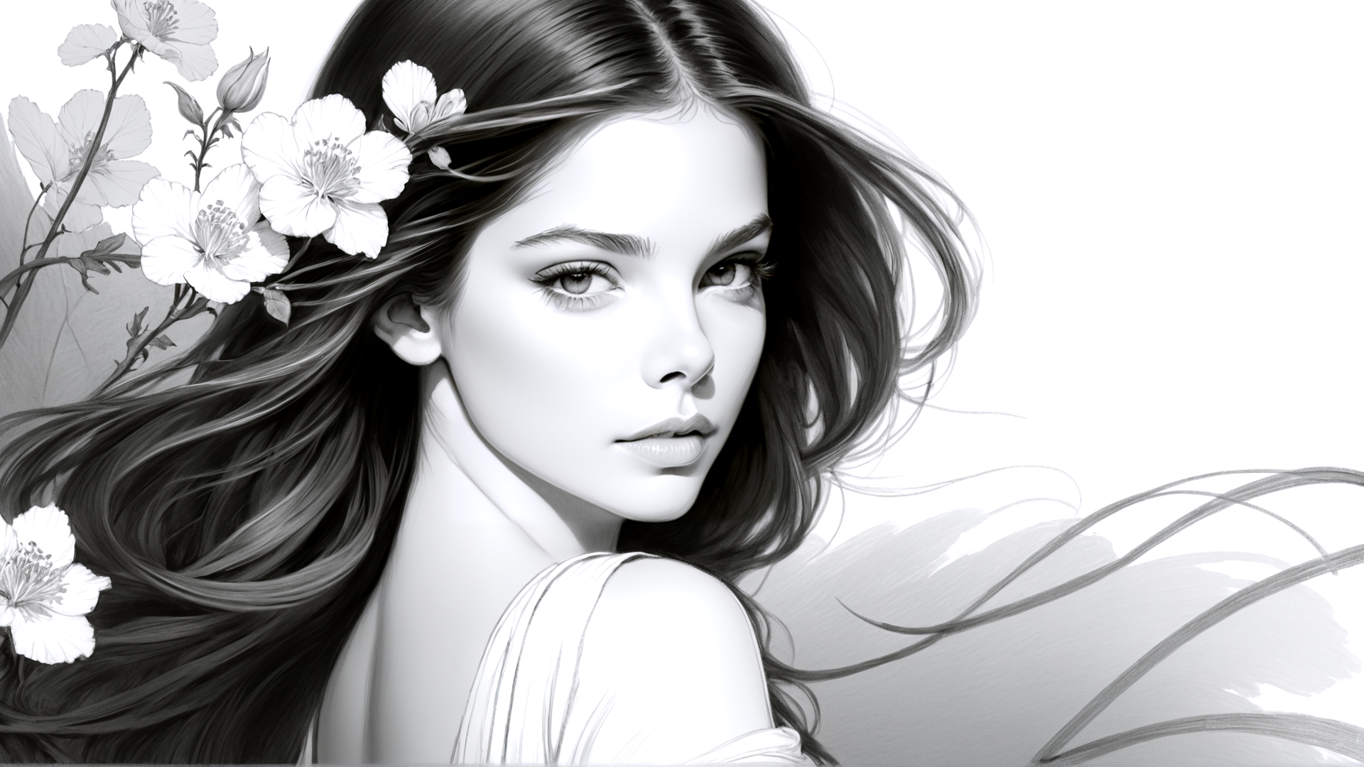 AI generated wallpaper featuring woman, flowers, hair