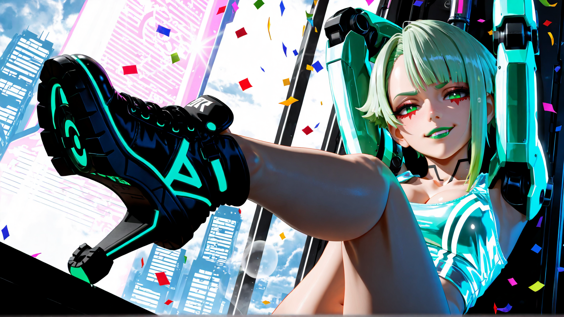 AI generated wallpaper featuring cyberpunk, female, robot, shoes, confetti, cityscape, goggles, neon, legs, gloves