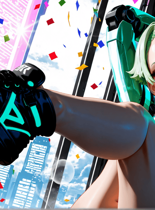 cyberpunk, female, robot, shoes, confetti, cityscape, goggles, neon, legs, gloves