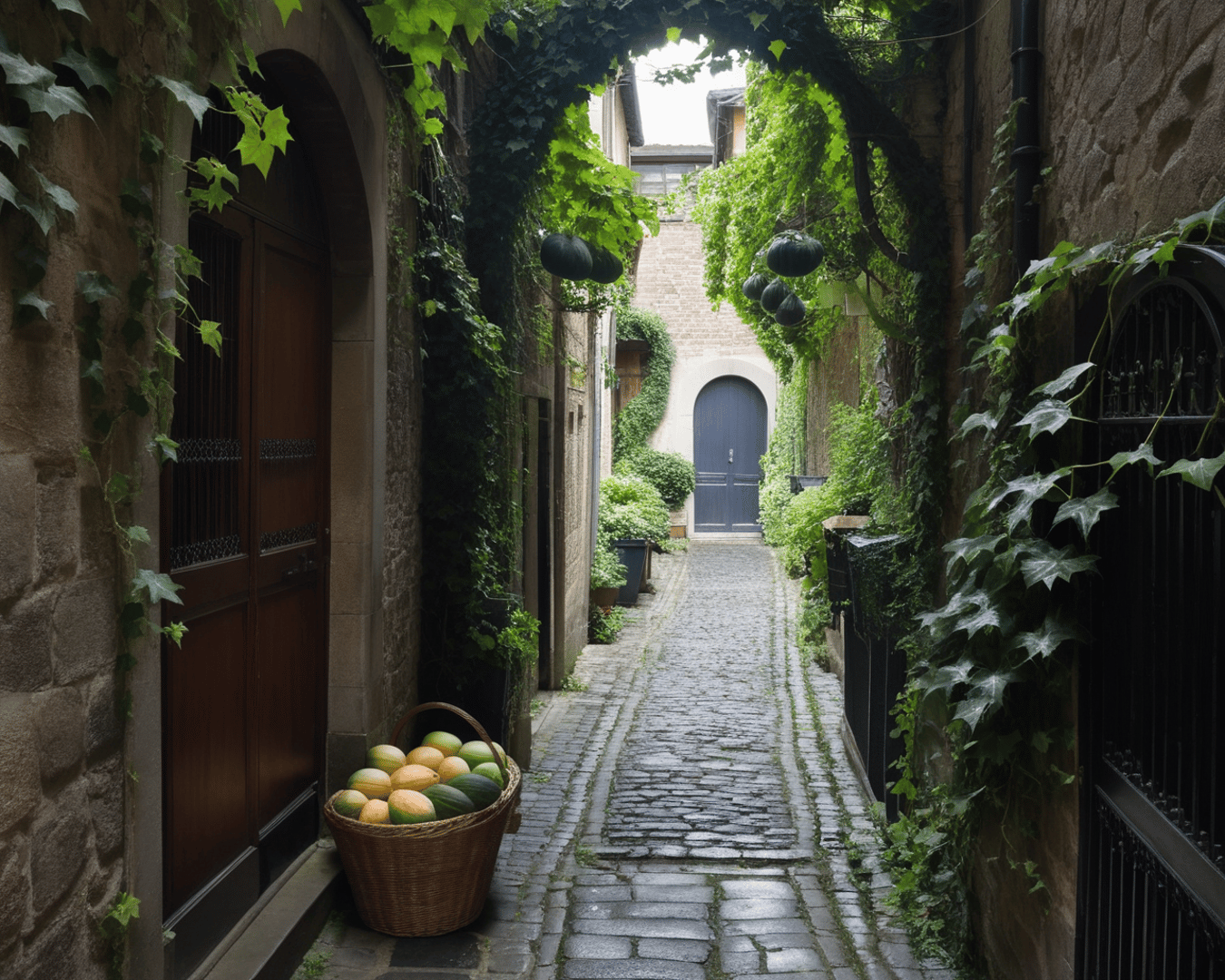 AI generated wallpaper featuring alley, fruit, vine
