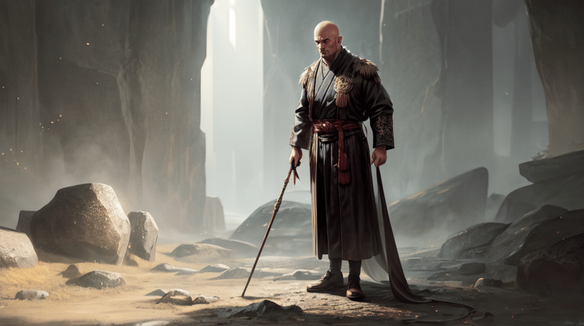 AI generated wallpaper featuring monk, spear, cave