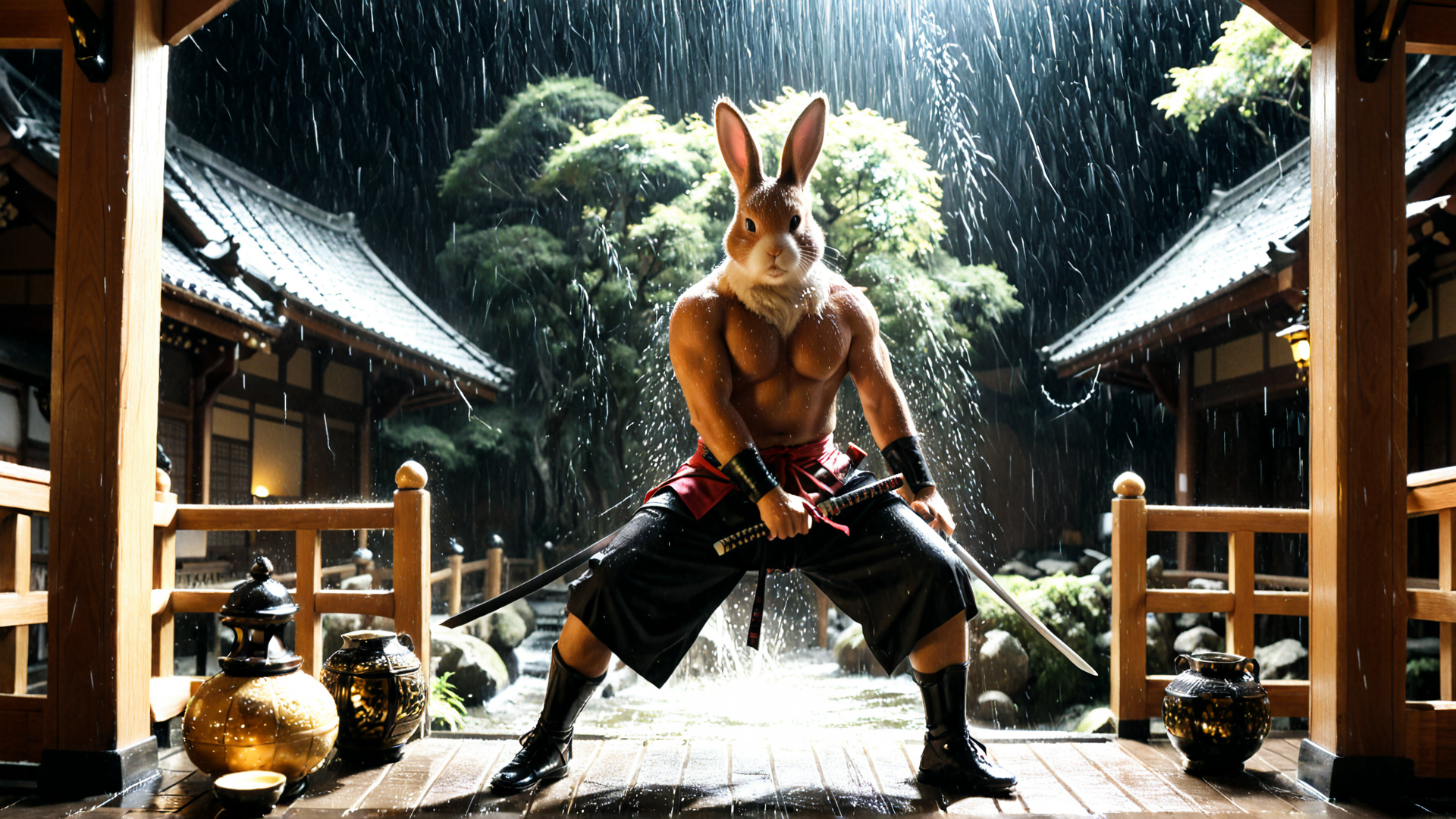AI generated wallpaper featuring rabbit, samurai, sword, rain, wooden structure