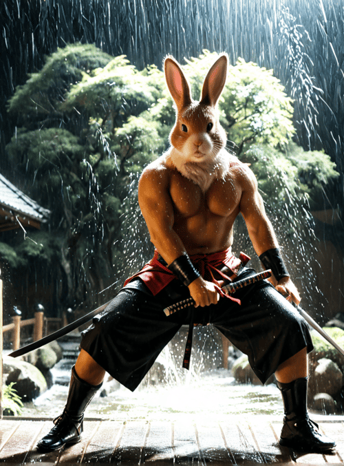 rabbit, samurai, sword, rain, wooden structure
