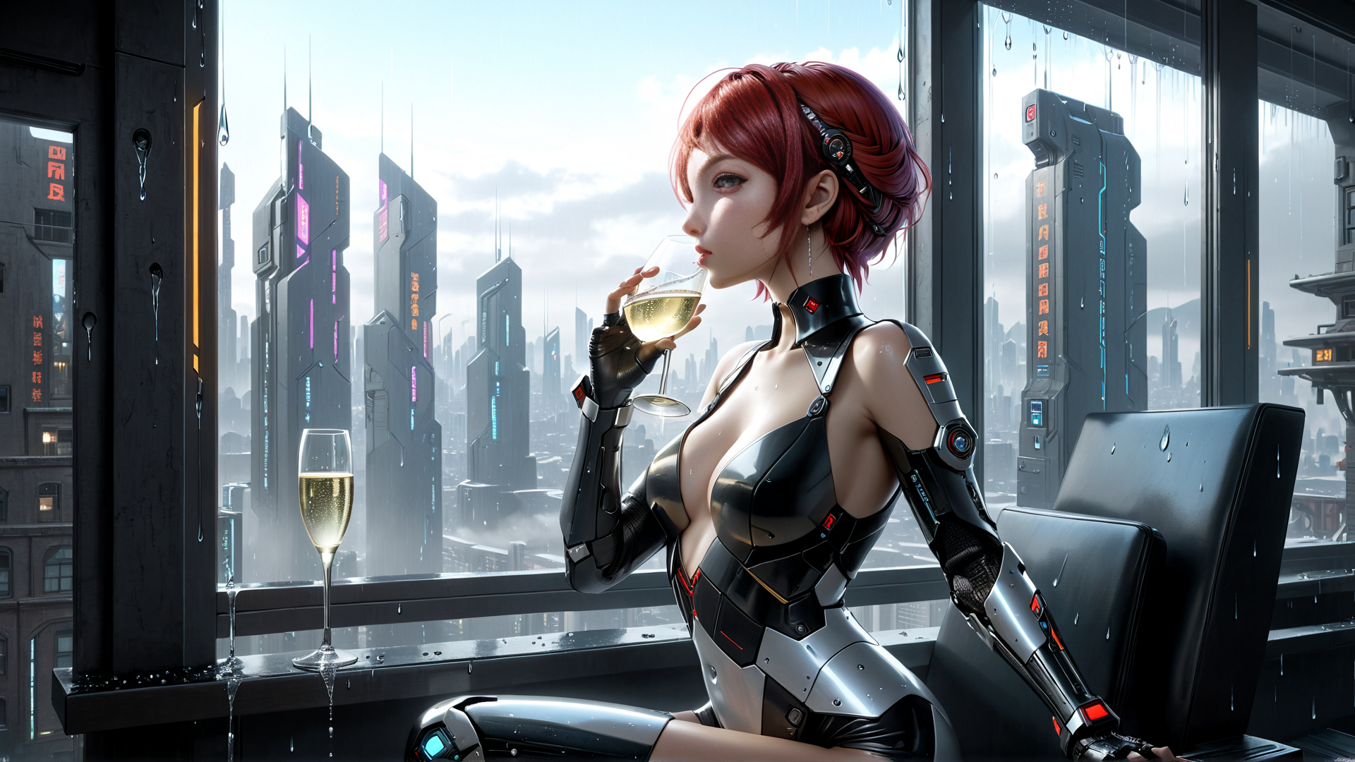 AI generated wallpaper featuring cyborg, woman, wine