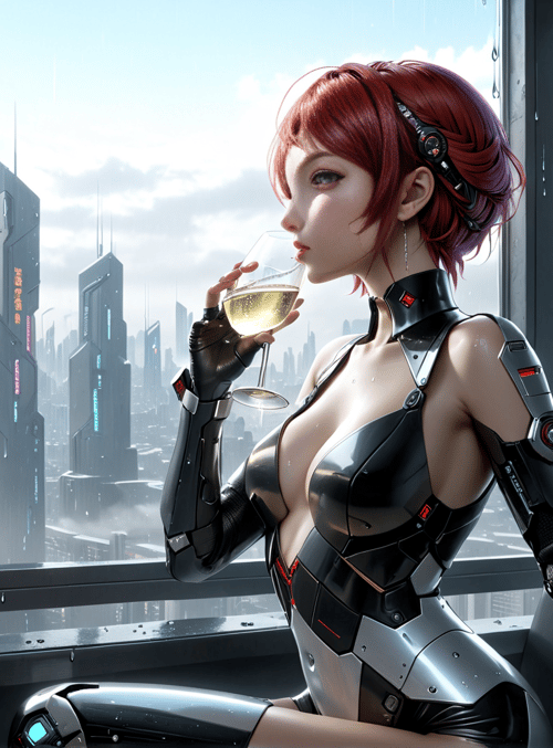 cyborg, woman, wine