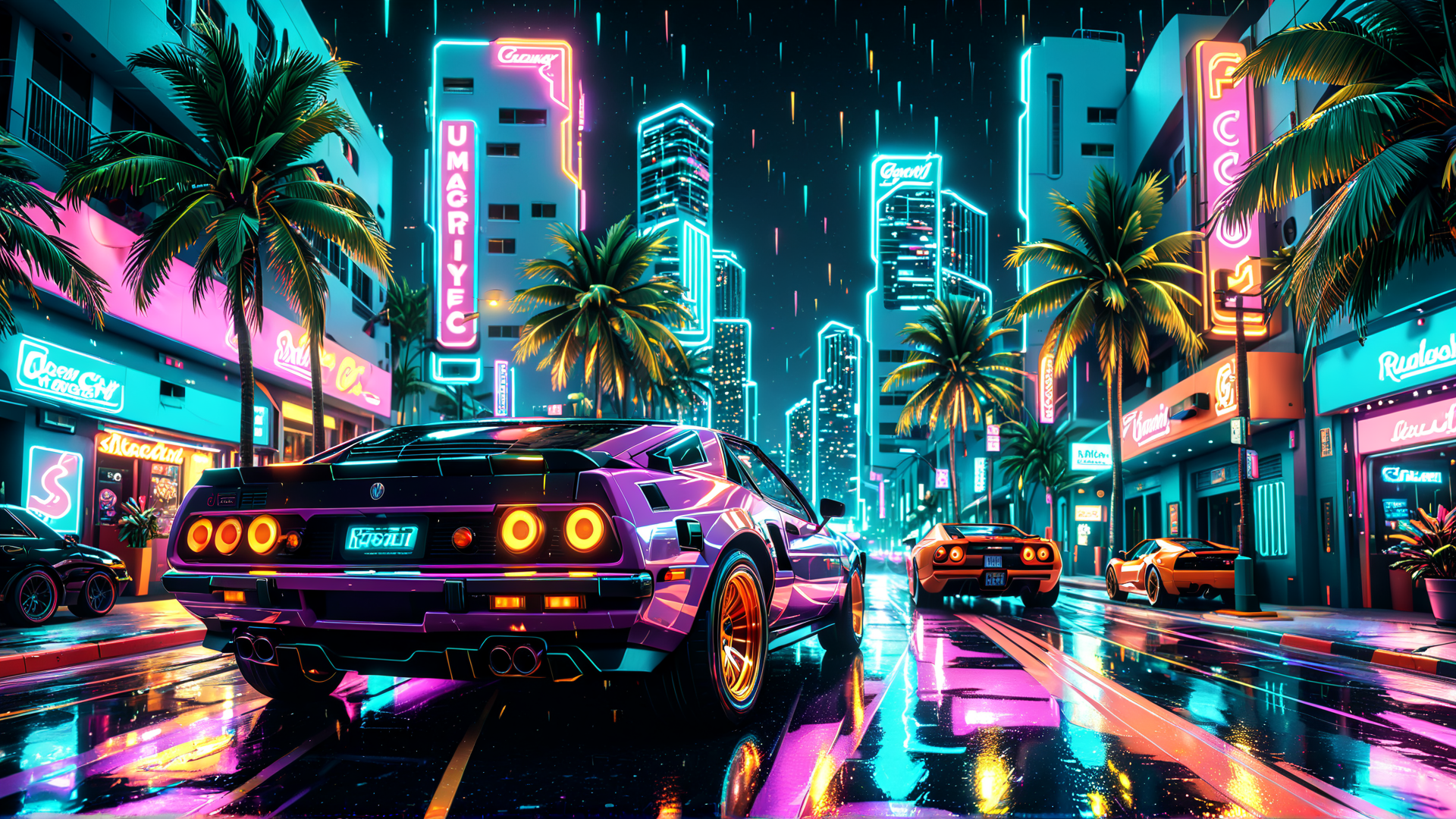 AI generated wallpaper featuring car, city, neon