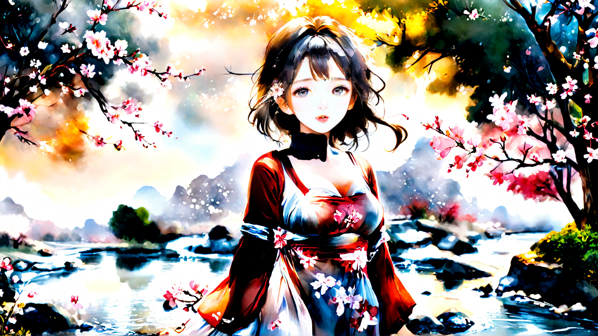 AI generated wallpaper featuring girl, cherry blossom, river