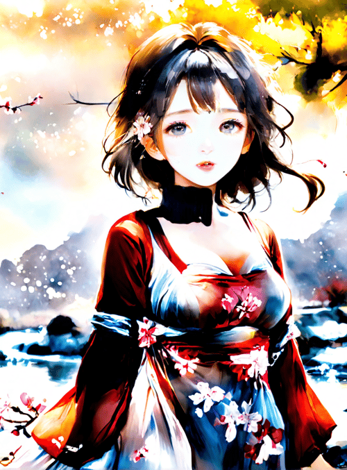 girl, cherry blossom, river