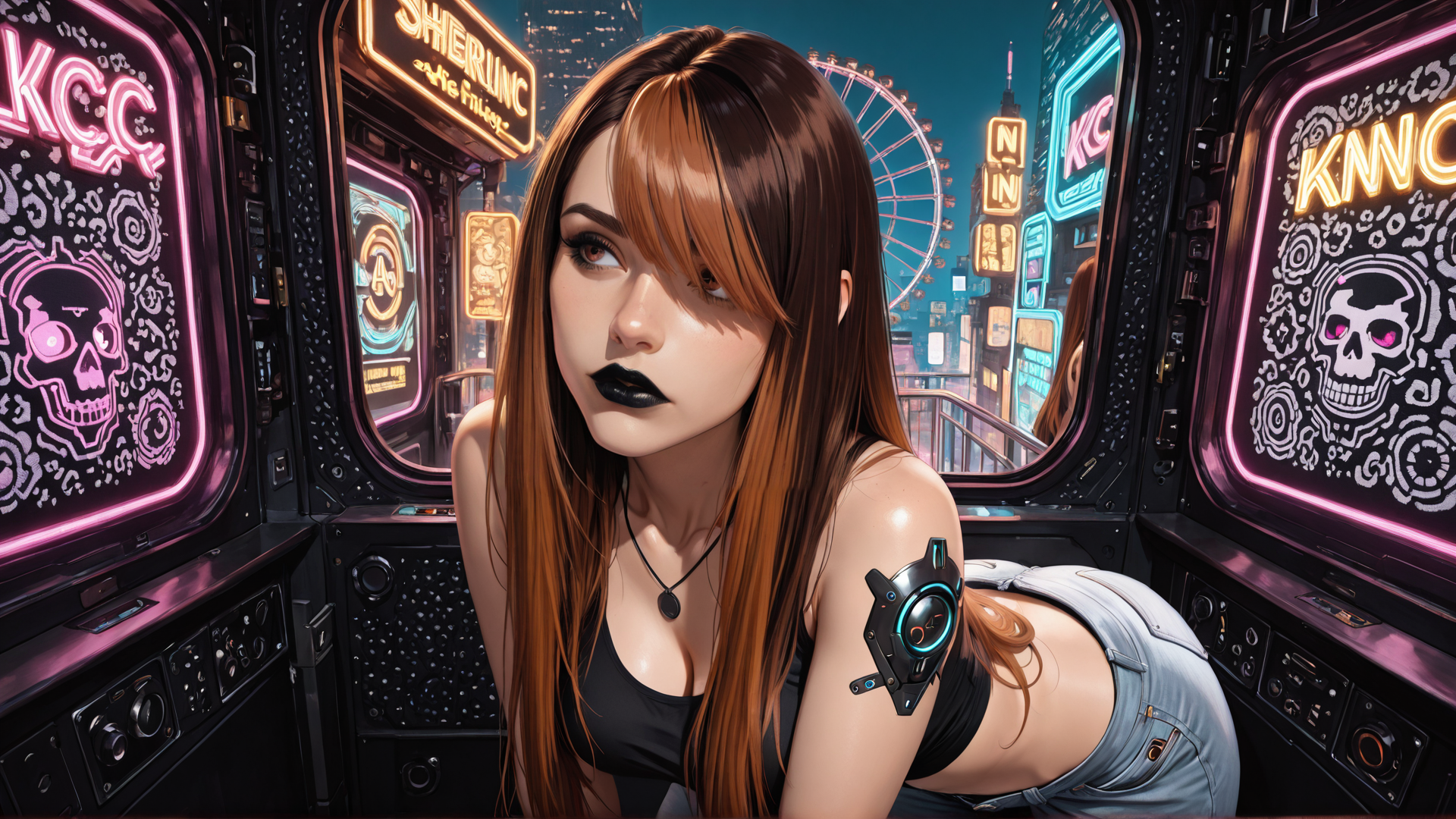 AI generated wallpaper featuring woman, futuristic, cityscape, neon, skull, ferris wheel, technology