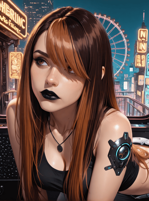 woman, futuristic, cityscape, neon, skull, ferris wheel, technology