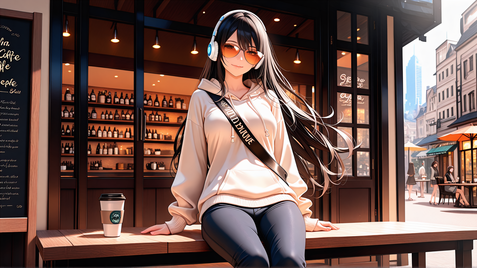 AI generated wallpaper featuring girl, woman, headphones, coffee, sweater, laptop, street, shop, bag, glasses