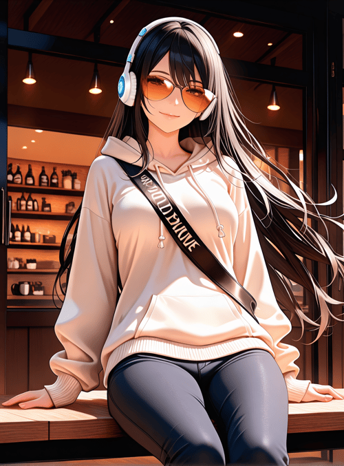 girl, woman, headphones, coffee, sweater, laptop, street, shop, bag, glasses