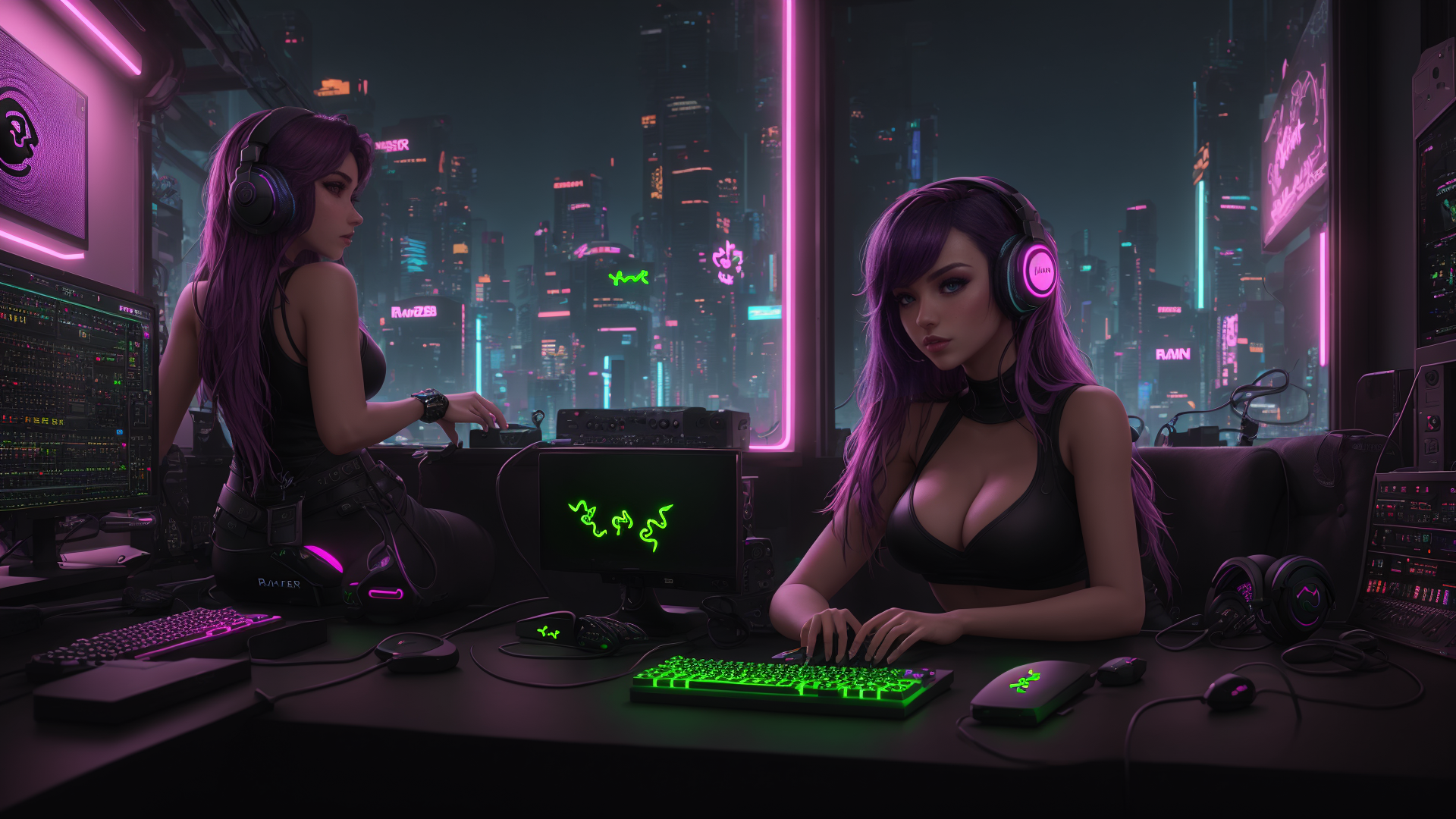 AI generated wallpaper featuring women, gamers, cityscape