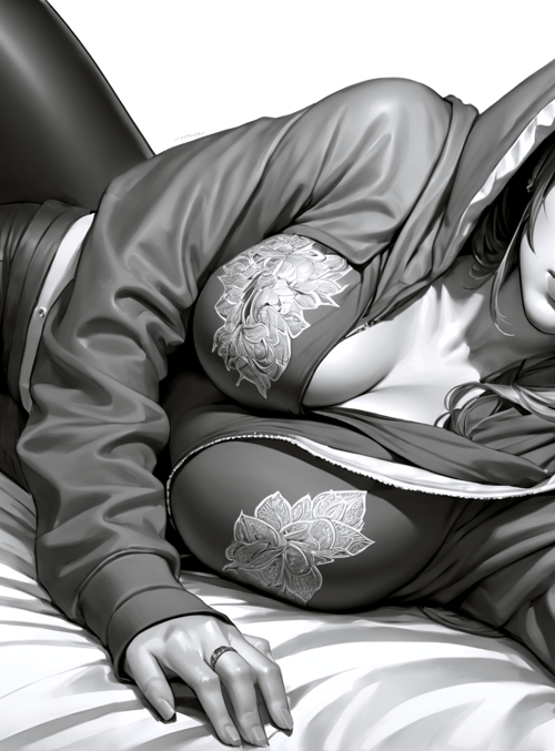 woman, hoodie, pajamas, bed, long hair, tattoo, leggings