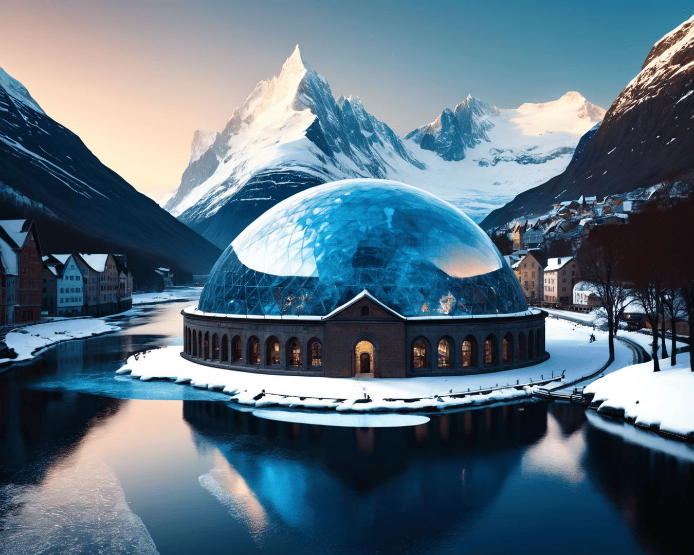 AI generated wallpaper featuring domed building, mountains, river, village, snow