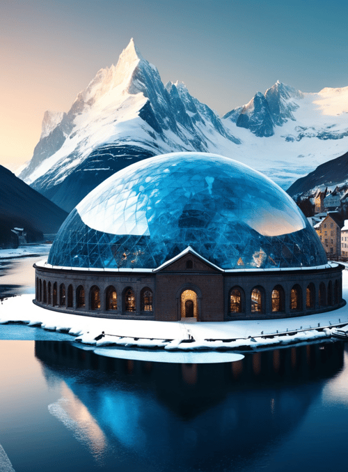 domed building, mountains, river, village, snow