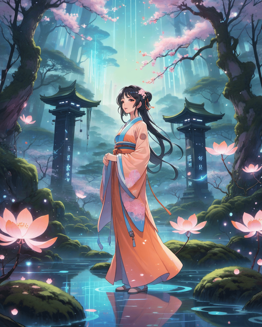 AI generated wallpaper featuring geisha, cherry blossoms, lotus
