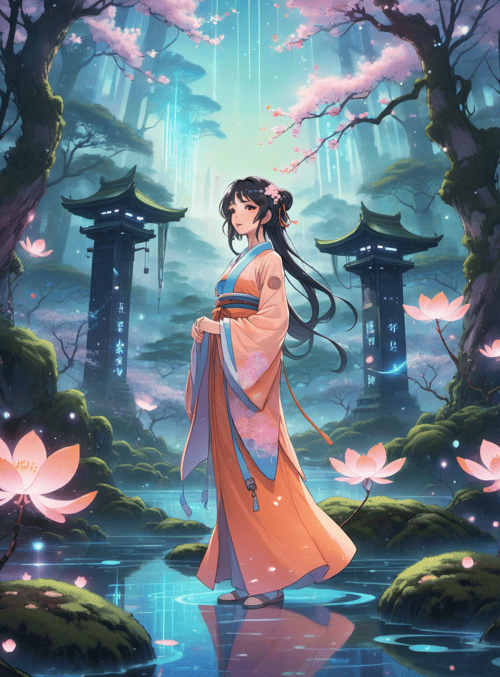 geisha, cherry blossoms, lotus
