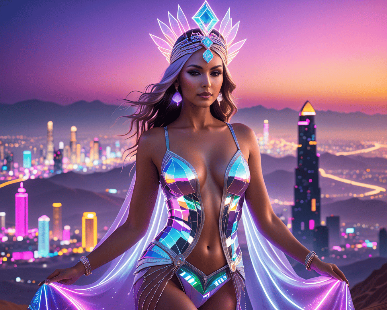 AI generated wallpaper featuring woman, cityscape, glow