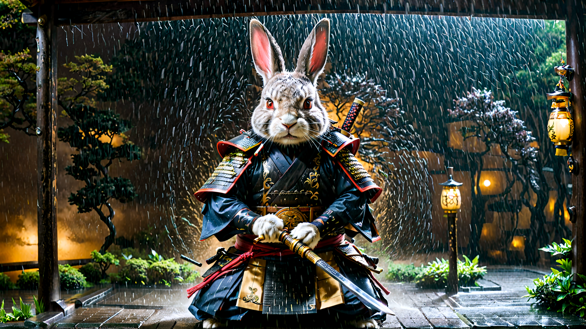 AI generated wallpaper featuring rabbit, samurai, sword, rain, lantern, garden, armor, koi, trees, stone