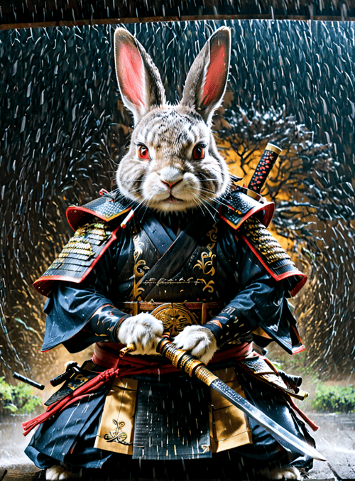 rabbit, samurai, sword, rain, lantern, garden, armor, koi, trees, stone