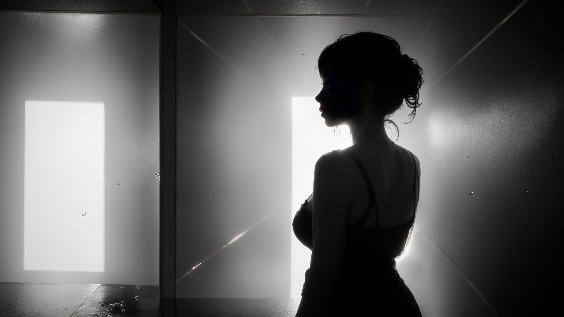 AI generated wallpaper featuring silhouette, woman, bathroom