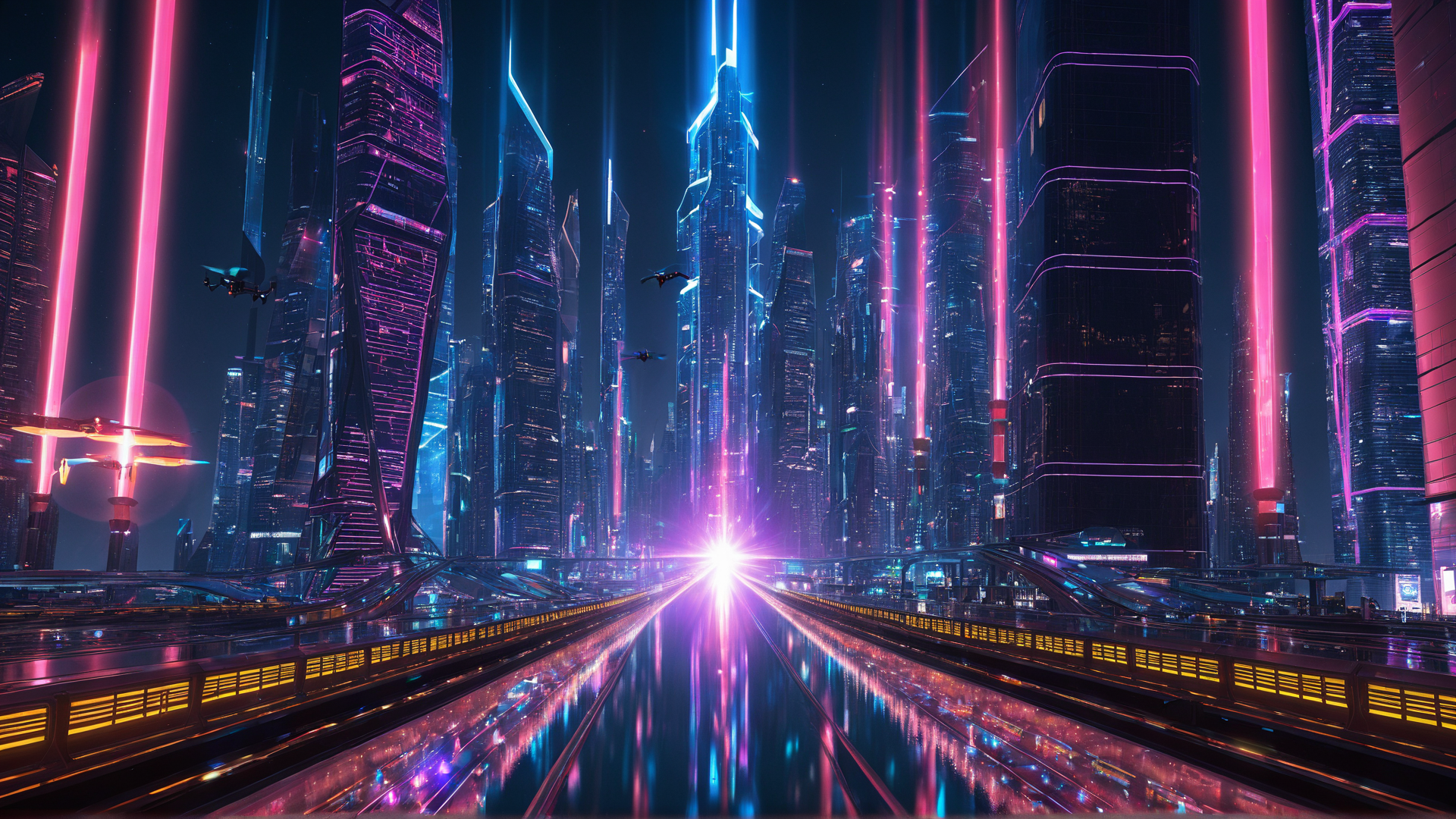 AI generated wallpaper featuring city, skyscrapers, flying vehicles