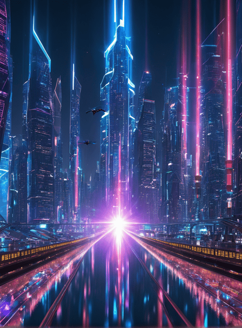 city, skyscrapers, flying vehicles