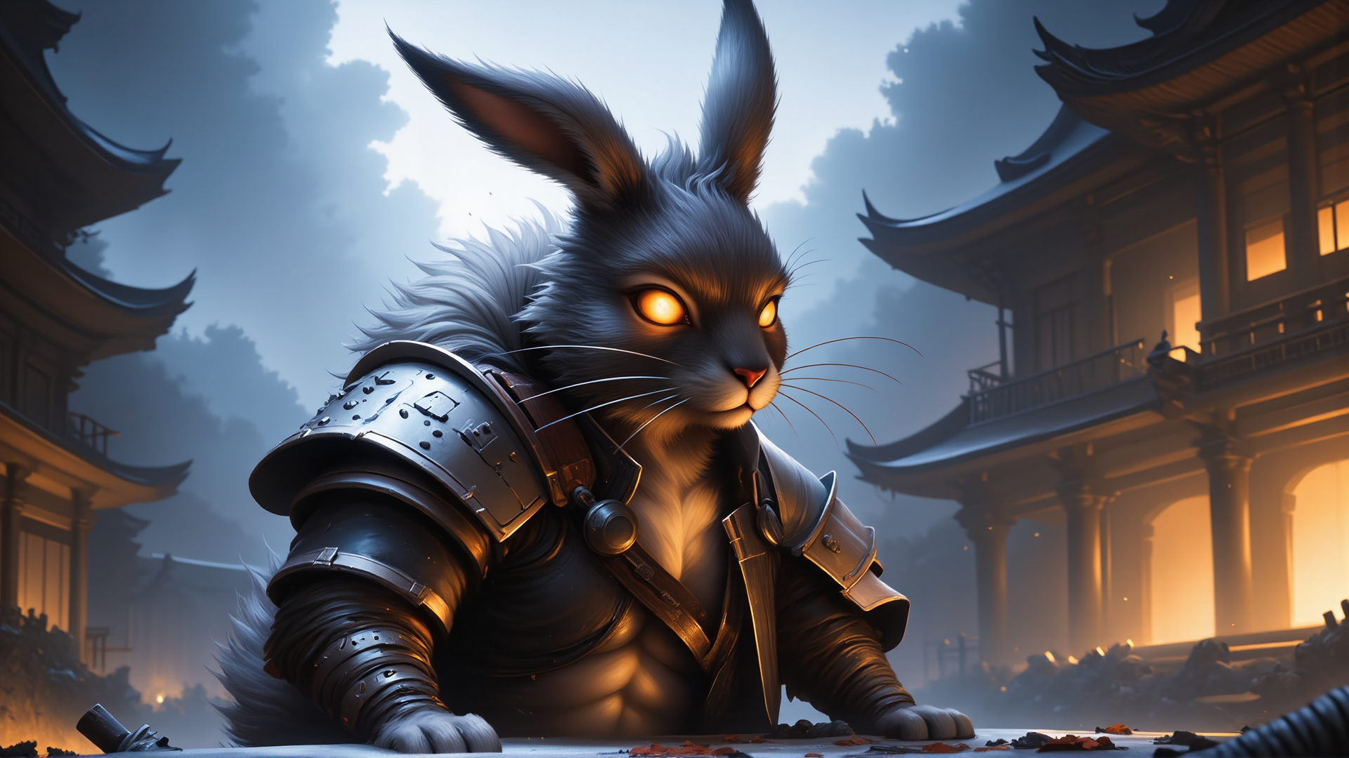 AI generated wallpaper featuring rabbit, armor, ancient building, ruins, warrior