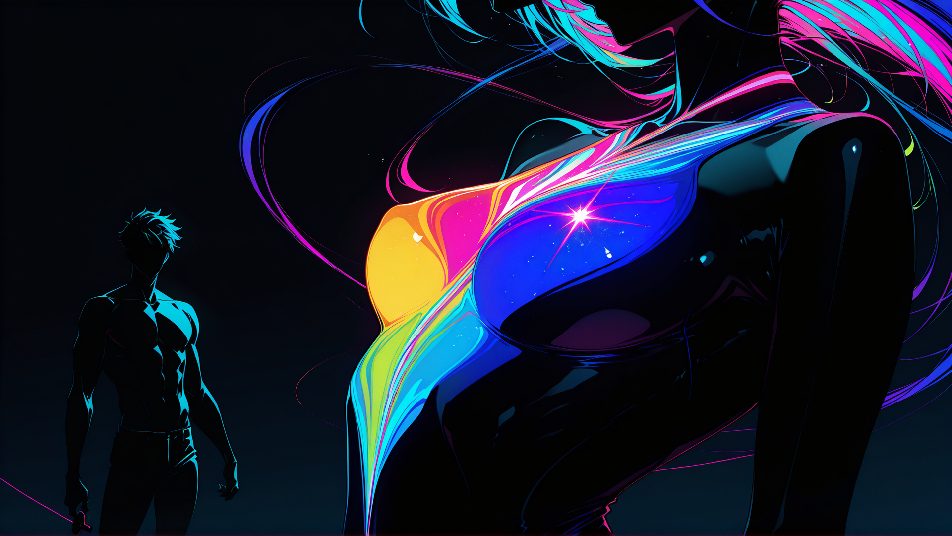 AI generated wallpaper featuring woman, man, neon, silhouette, abstract