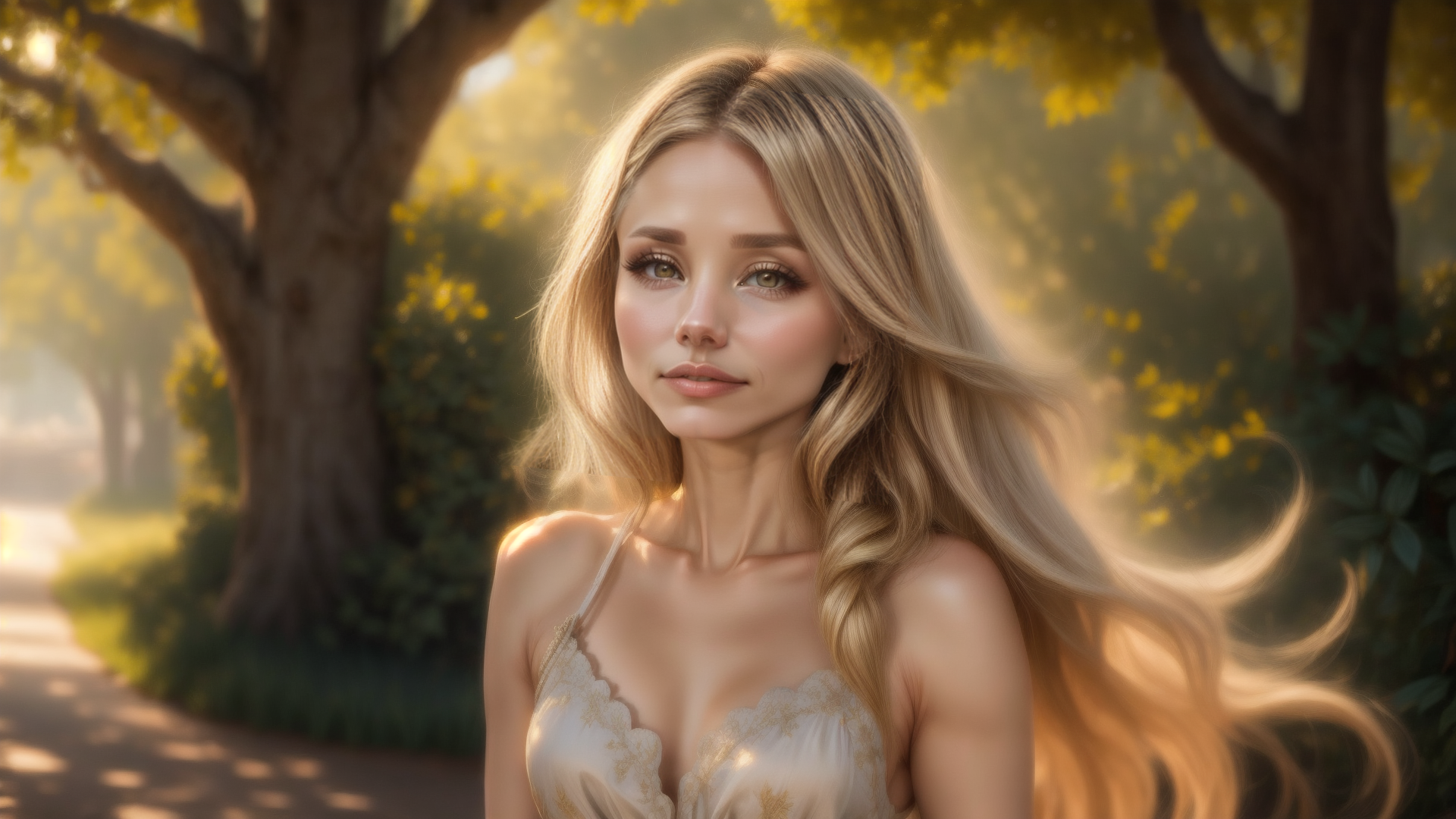 AI generated wallpaper featuring woman, trees, path