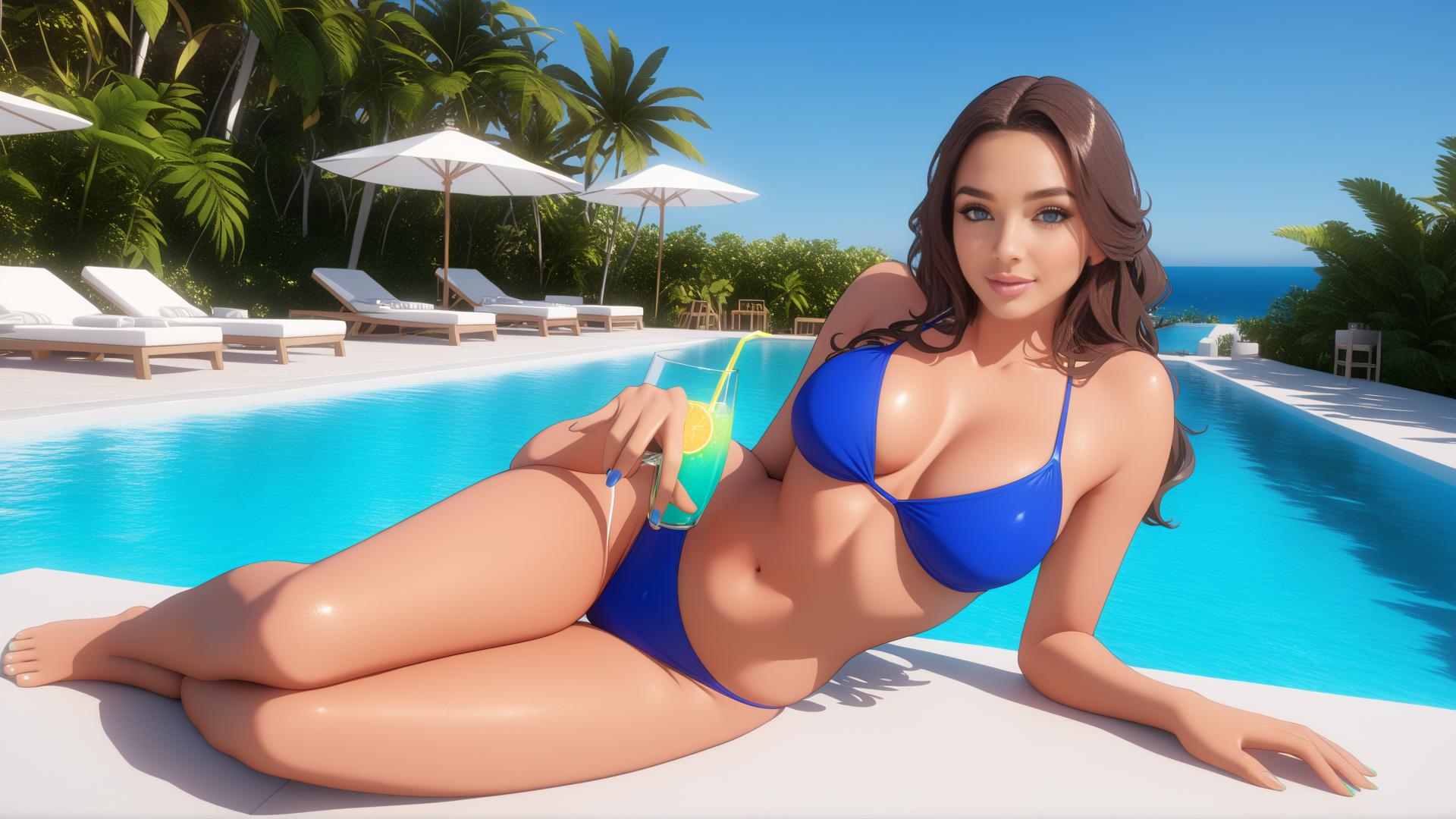 AI generated wallpaper featuring woman, pool, bikini