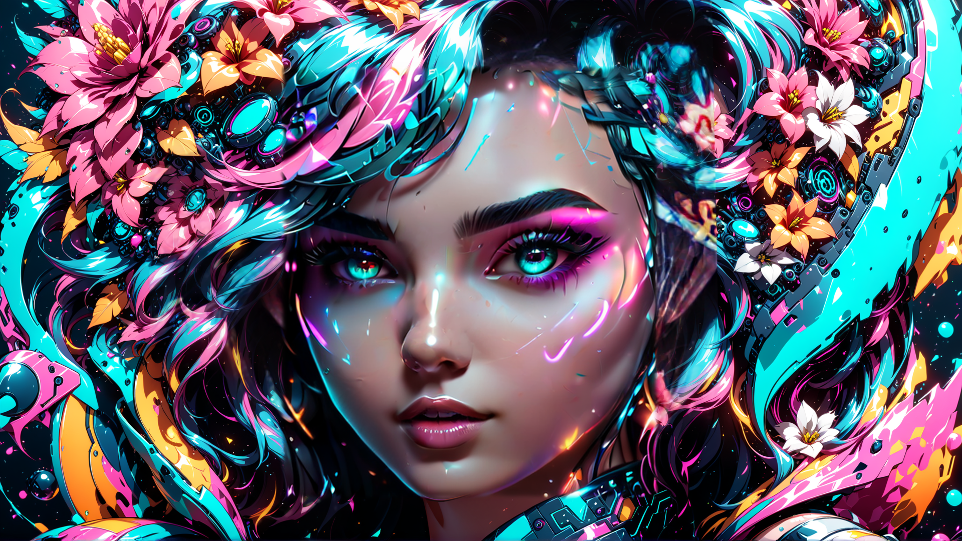 AI generated wallpaper featuring woman, flowers, cybernetics