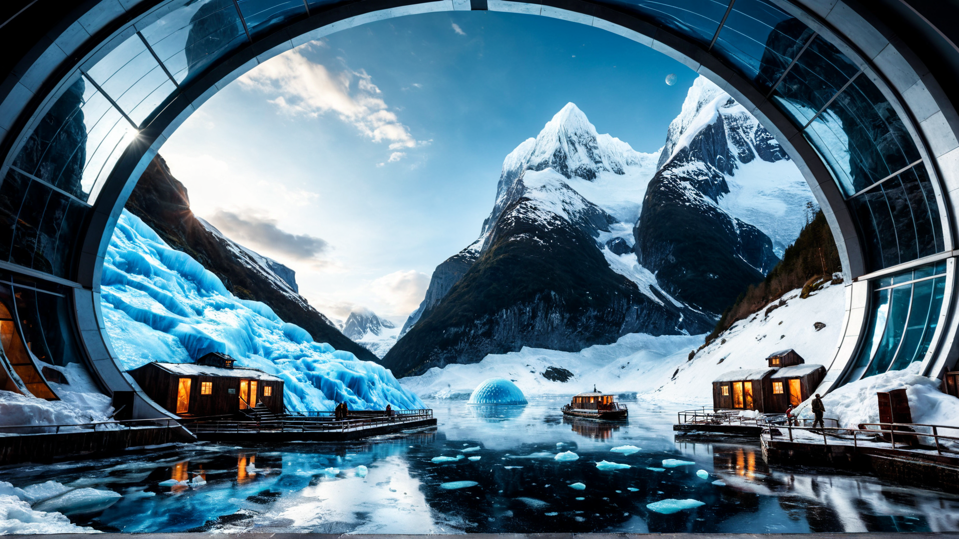 AI generated wallpaper featuring mountain, glacier, ice, building, boat, iceberg, sky, snow, lodge, moon