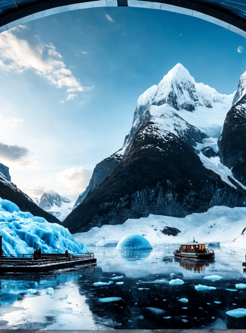 mountain, glacier, ice, building, boat, iceberg, sky, snow, lodge, moon