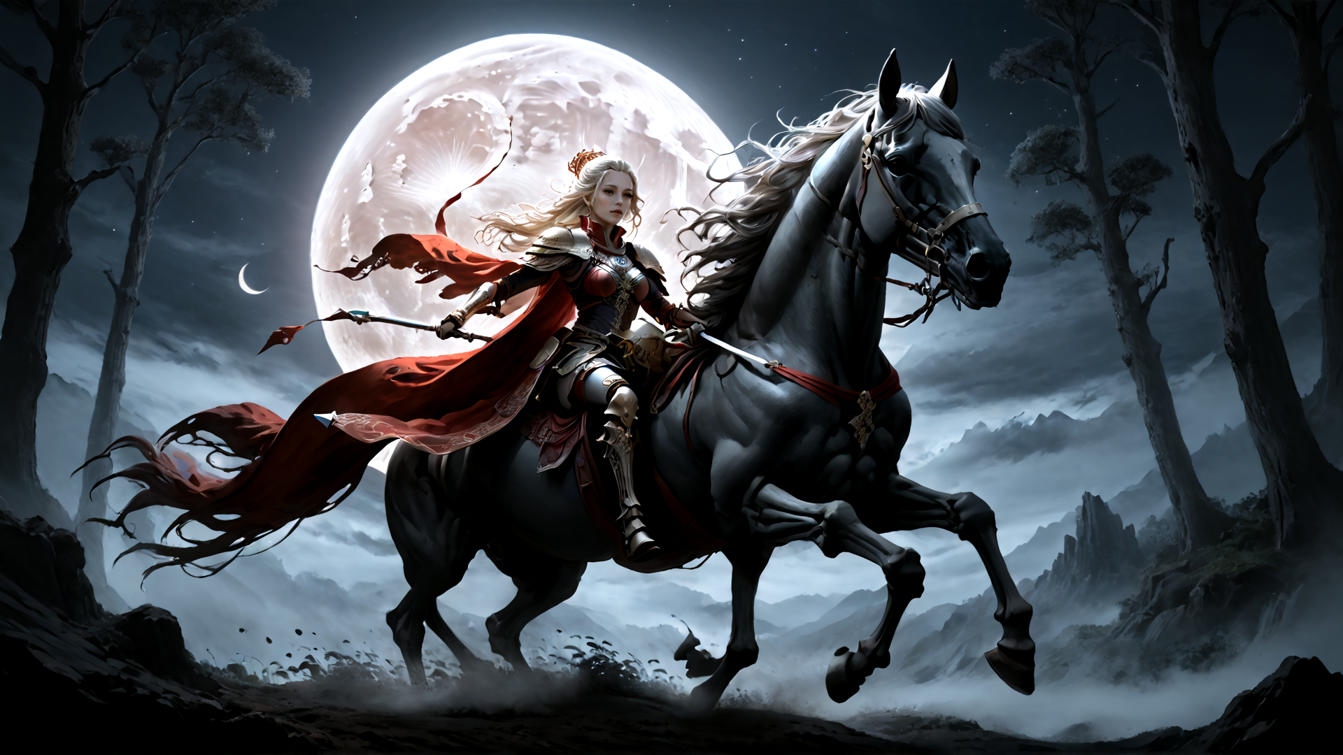AI generated wallpaper featuring woman, horse, sword, cape, trees, moon, mountain, armor, flag, cloud