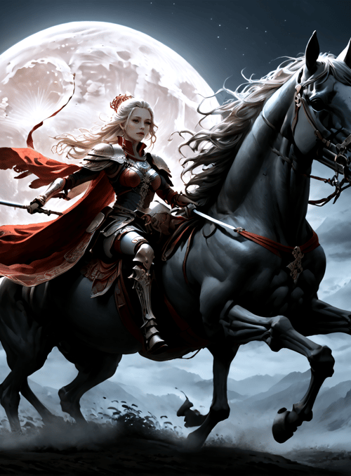 woman, horse, sword, cape, trees, moon, mountain, armor, flag, cloud