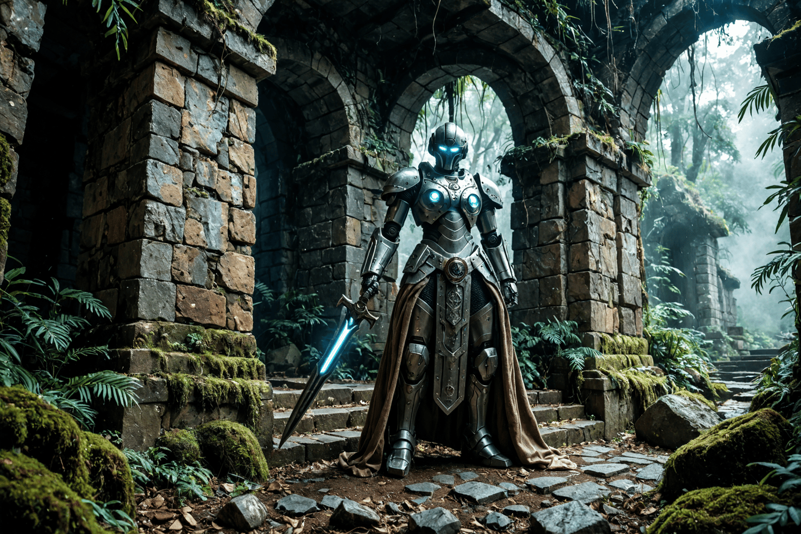 AI generated wallpaper featuring robot, armor, sword