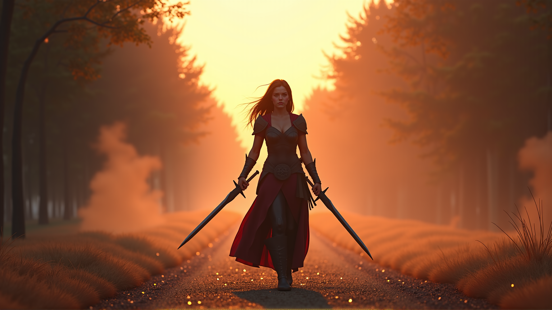 AI generated wallpaper featuring woman, swords, forest, path, sailor, cape, armor, trees, mist, sunlight