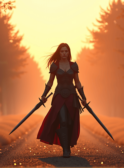 woman, swords, forest, path, sailor, cape, armor, trees, mist, sunlight