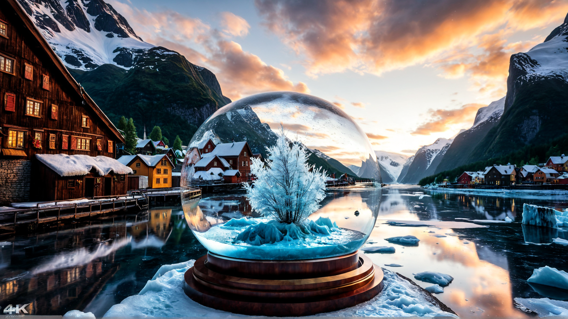AI generated wallpaper featuring snowglobe, mountains, houses, river, tree, ice, sky, village, snow, reflection
